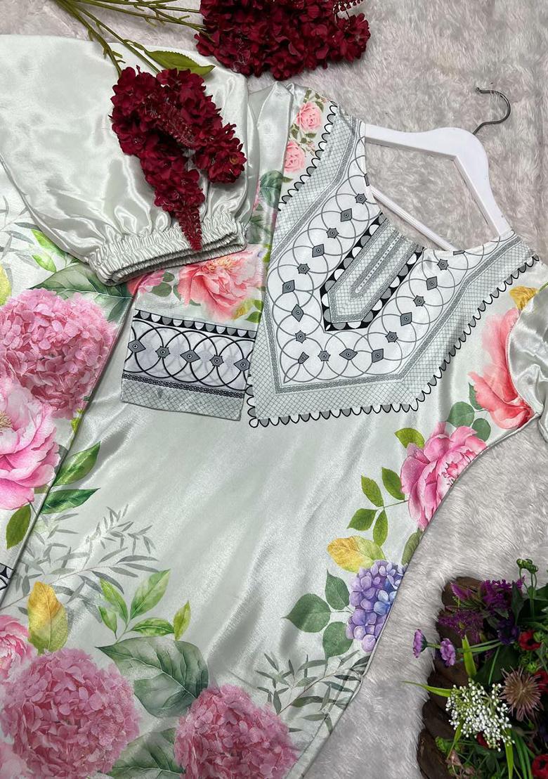 White Printed Blended Kurta Set - Indya