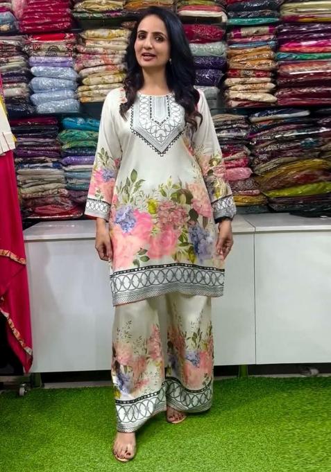 White Printed Blended Kurta Set