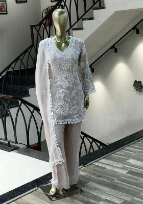 Cream Embroidery Blended Kurta Set