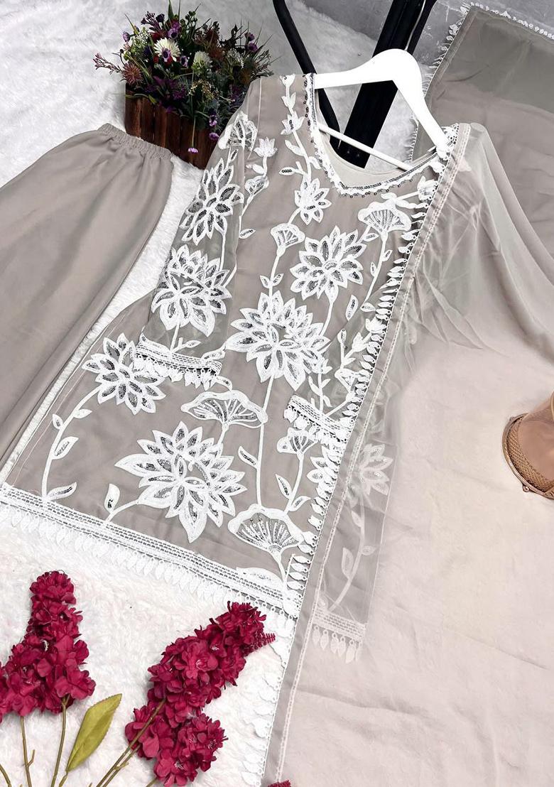 Cream Embroidery Blended Kurta Set - Indya