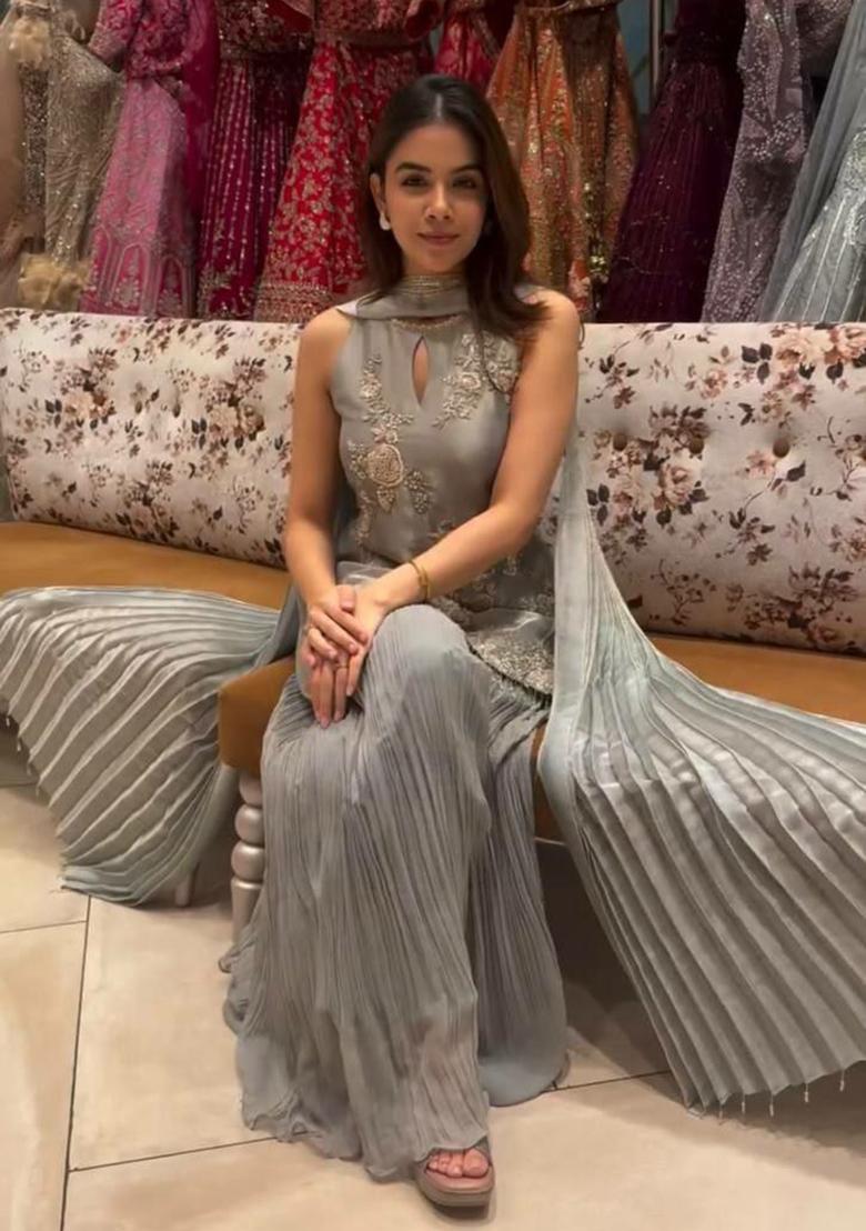 Grey Embroidery Blended Kurta Set - Indya