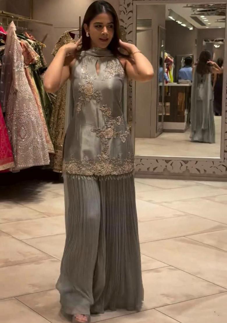 Grey Embroidery Blended Kurta Set - Indya