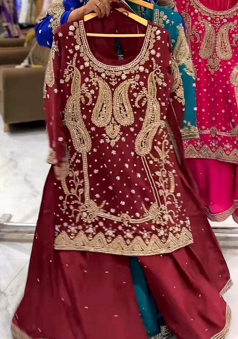 Blue Embroidery Blended Kurta Set - Indya