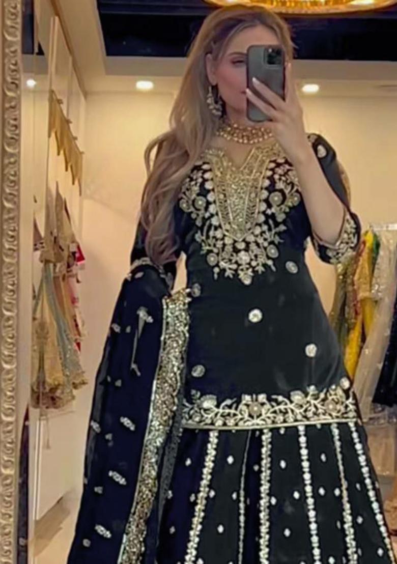 Black Embroidery Blended Kurta Set - Indya