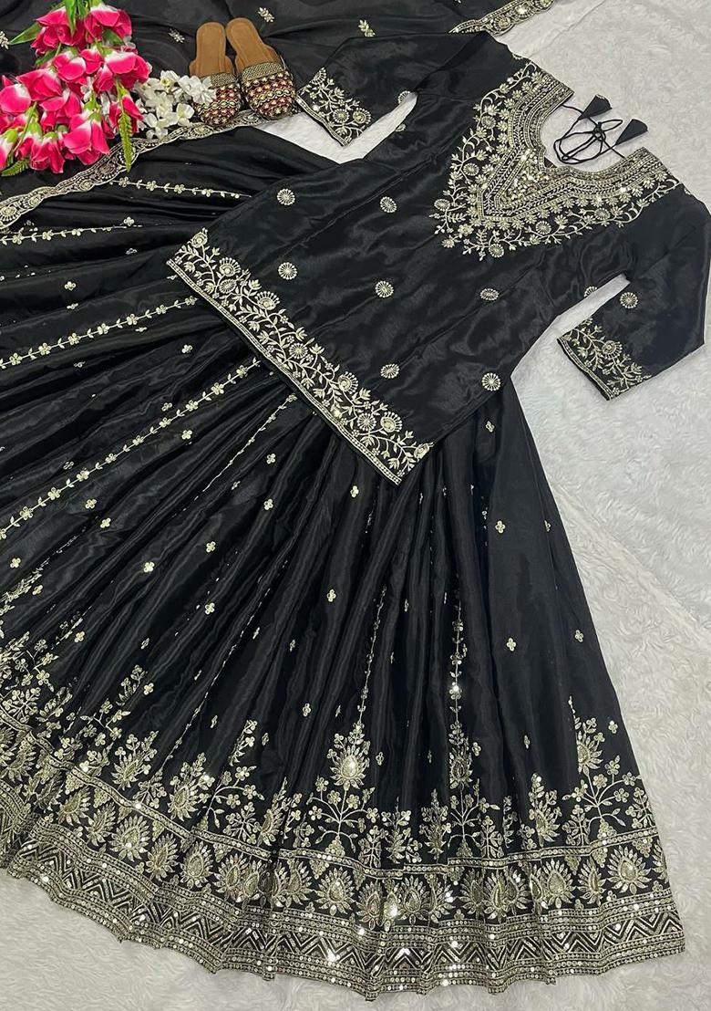 Black Embroidery Blended Kurta Set - Indya