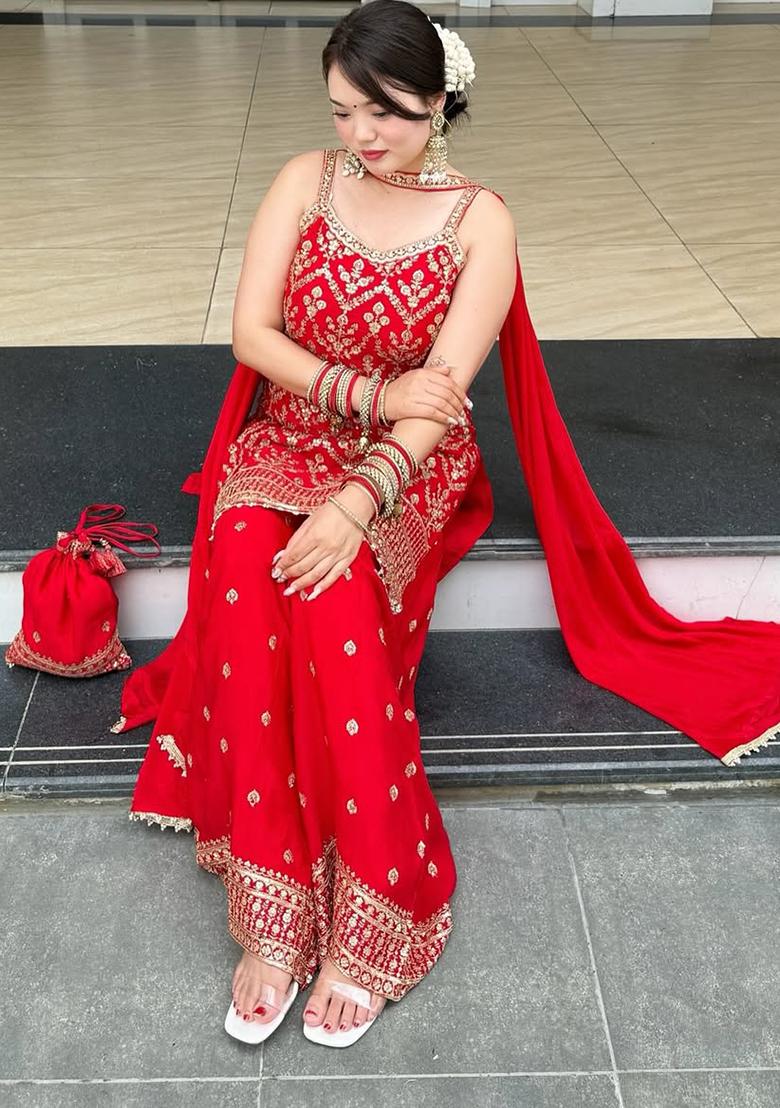 Multicolour Embroidery Sequence Faux Georgette Palazzo Set - Indya