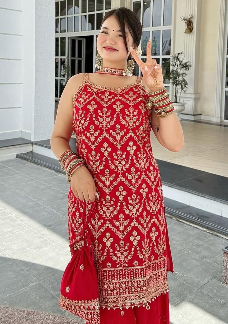 Multicolour Embroidery Sequence Faux Georgette Palazzo Set - Indya