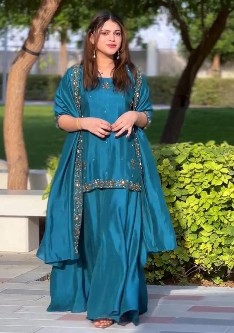 Multicolour Embroidery Sequence Crep Palazzo Set - Indya