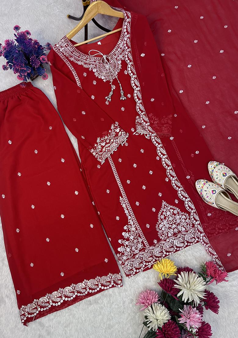 Multicolour Embroidery Sequence Faux Georgette Palazzo Set - Indya