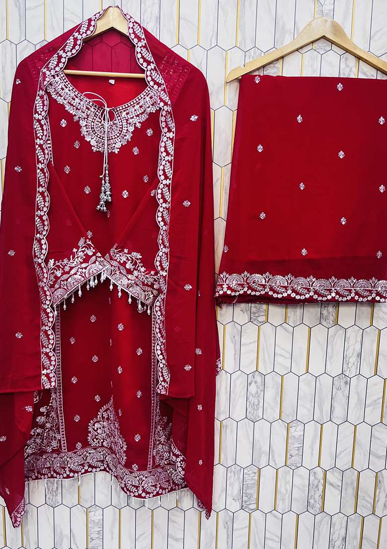 Multicolour Embroidery Sequence Faux Georgette Palazzo Set - Indya