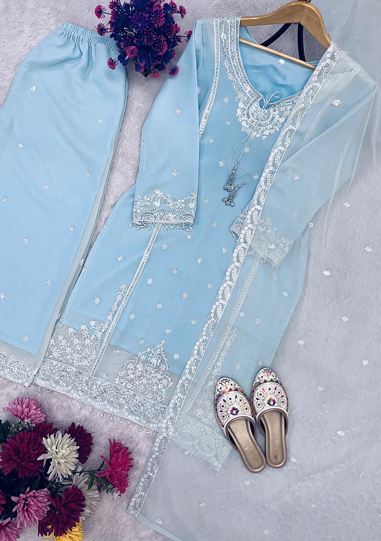 Multicolour Embroidery Sequence Faux Georgette Palazzo Set - Indya