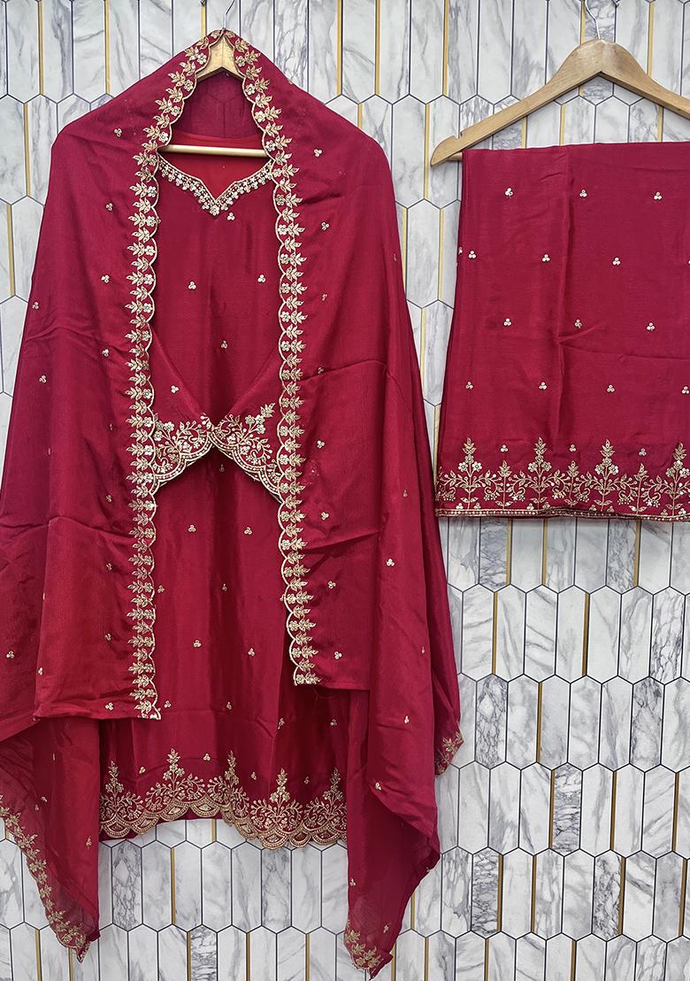 Multicolour Embroidery Sequence Chinon Silk Palazzo Set - Indya