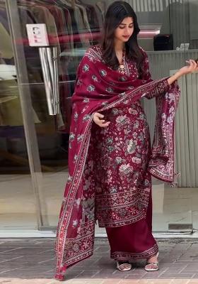 Multicolour Embroidery Sequence Crep Palazzo Set