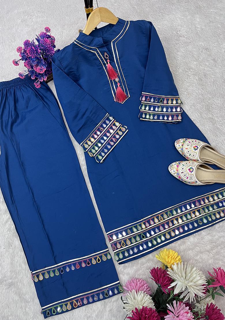 Multicolour Embroidery Sequence Roman Silk Palazzo Set - Indya