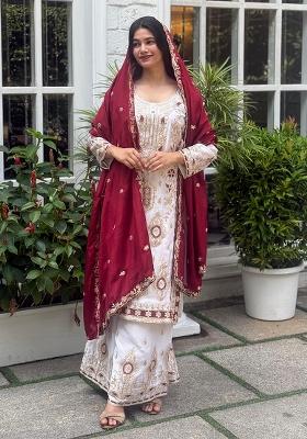 Multicolour Embroidery Sequence Chinon Silk Palazzo Set