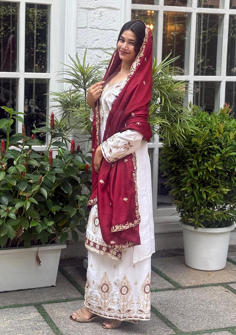 Multicolour Embroidery Sequence Chinon Silk Palazzo Set - Indya