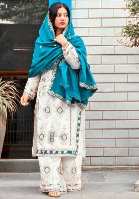 Multicolour Embroidery Sequence Chinon Silk Palazzo Set