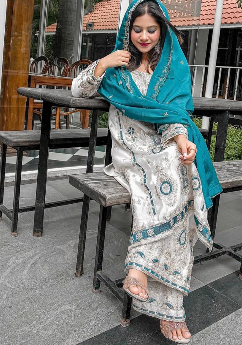 Multicolour Embroidery Sequence Chinon Silk Palazzo Set - Indya