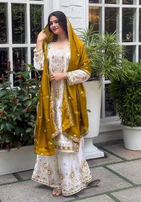 Multicolour Embroidery Sequence Chinon Silk Palazzo Set