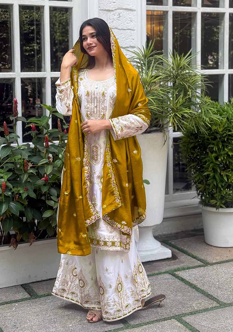 Multicolour Embroidery Sequence Chinon Silk Palazzo Set - Indya