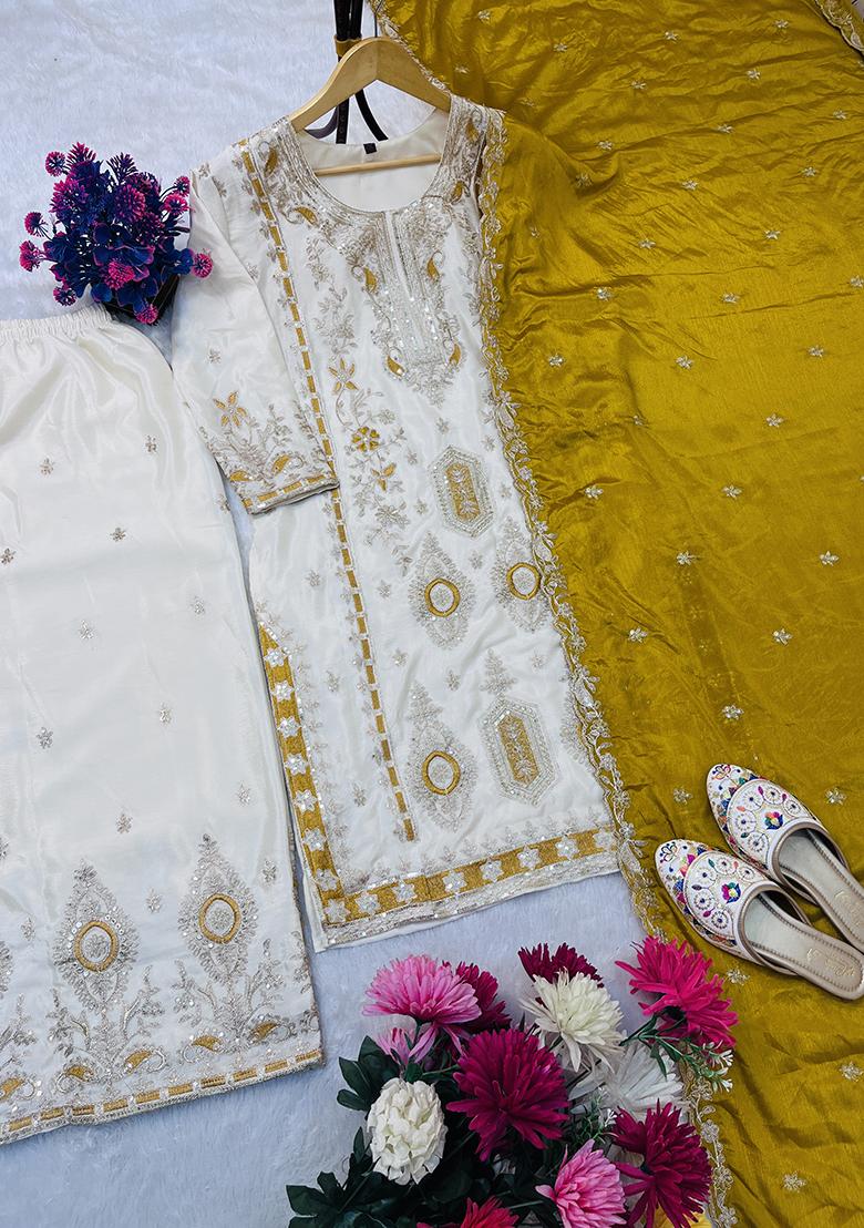 Multicolour Embroidery Sequence Chinon Silk Palazzo Set - Indya