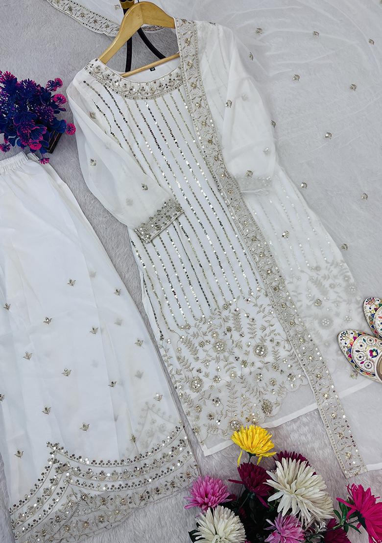 Multicolour Embroidery Sequence Faux Georgette Palazzo Set - Indya