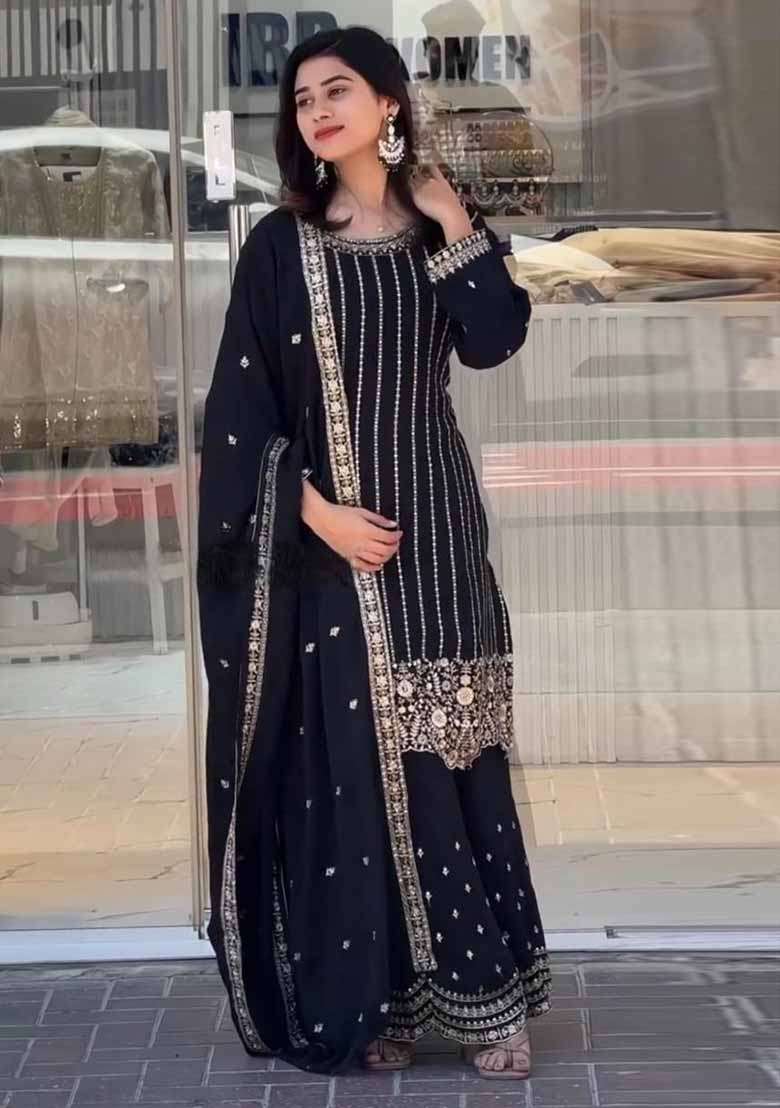 Multicolour Embroidery Sequence Faux Georgette Palazzo Set - Indya
