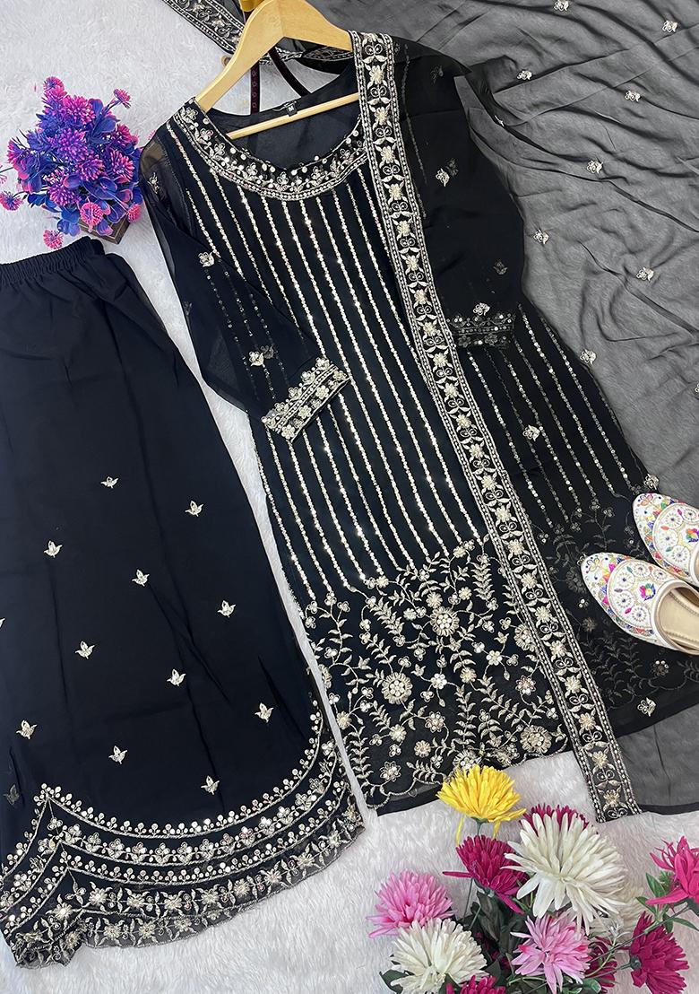 Multicolour Embroidery Sequence Faux Georgette Palazzo Set - Indya