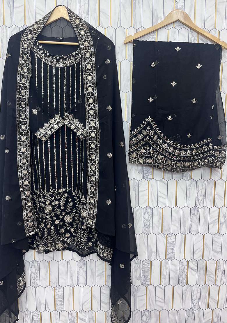 Multicolour Embroidery Sequence Faux Georgette Palazzo Set - Indya