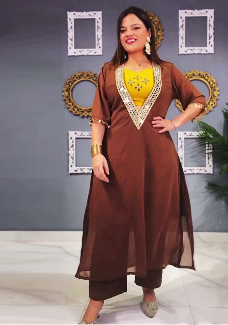 Multicolour Embroidery Sequence Faux Georgette Palazzo Set - Indya