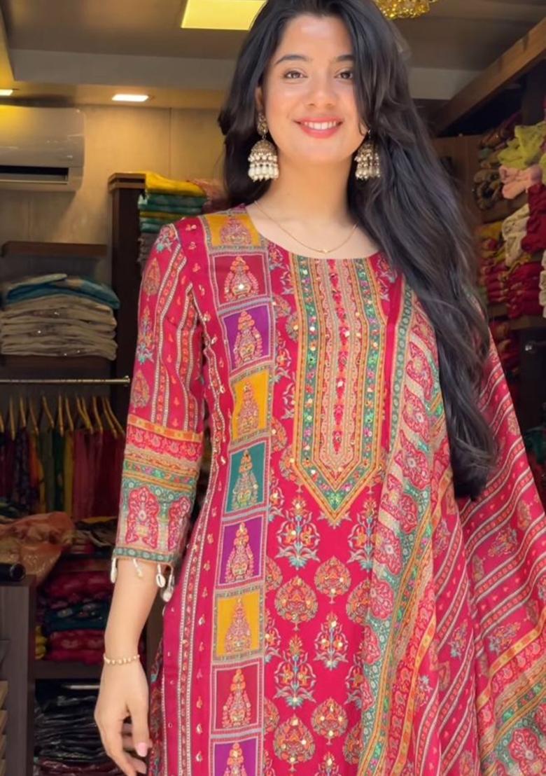 Multicolour Embroidery Sequence Maslin Kurta Set - Indya