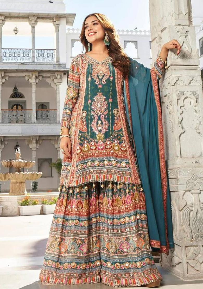 Multicolour Embroidery Sequence Faux Georgette Salwar Kameez - Indya