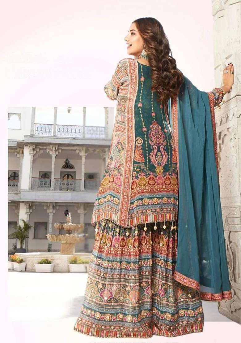 Multicolour Embroidery Sequence Faux Georgette Salwar Kameez - Indya