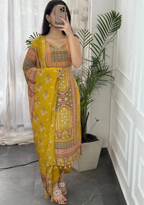 Multicolour Embroidery Sequence Silk Salwar Kameez