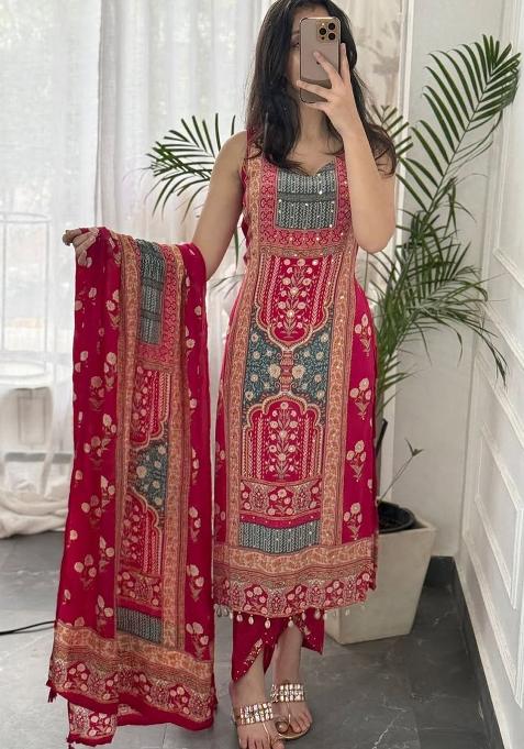 Multicolour Embroidery Sequence Silk Salwar Kameez