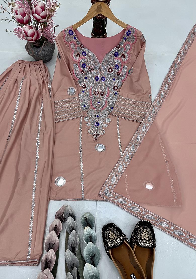 Multicolour Embroidery Sequence Faux Georgette Salwar Kameez - Indya