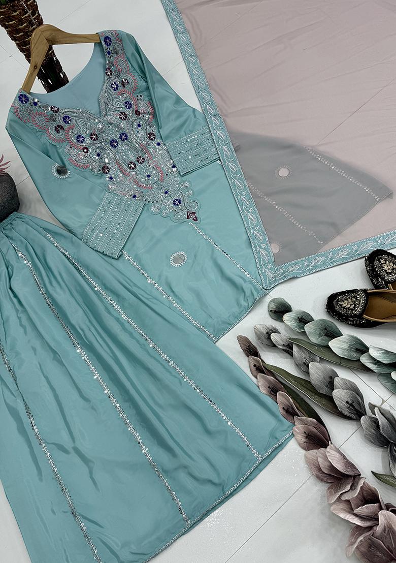 Multicolour Embroidery Sequence Faux Georgette Salwar Kameez - Indya