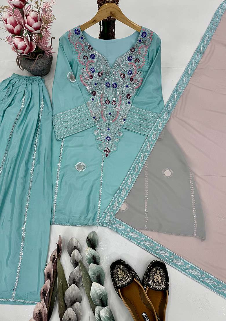 Multicolour Embroidery Sequence Faux Georgette Salwar Kameez - Indya