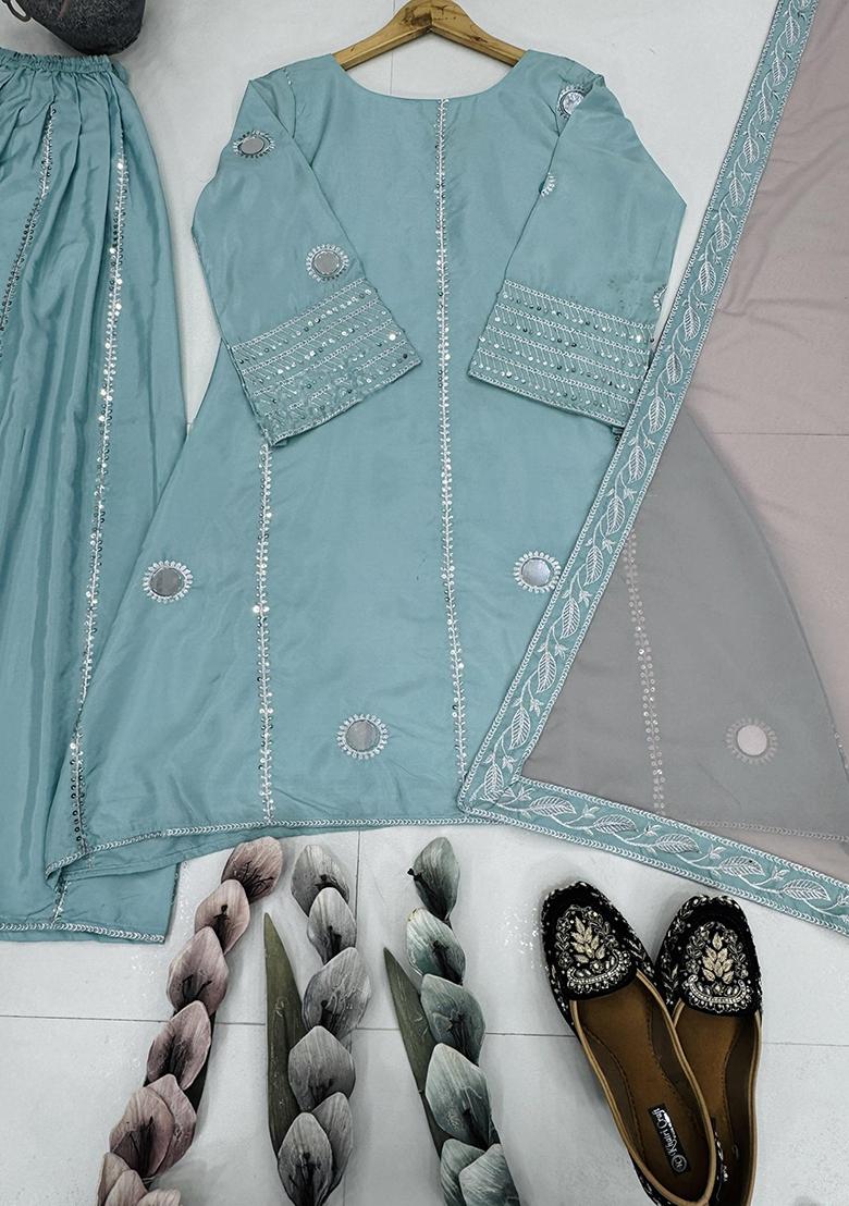 Multicolour Embroidery Sequence Faux Georgette Salwar Kameez - Indya