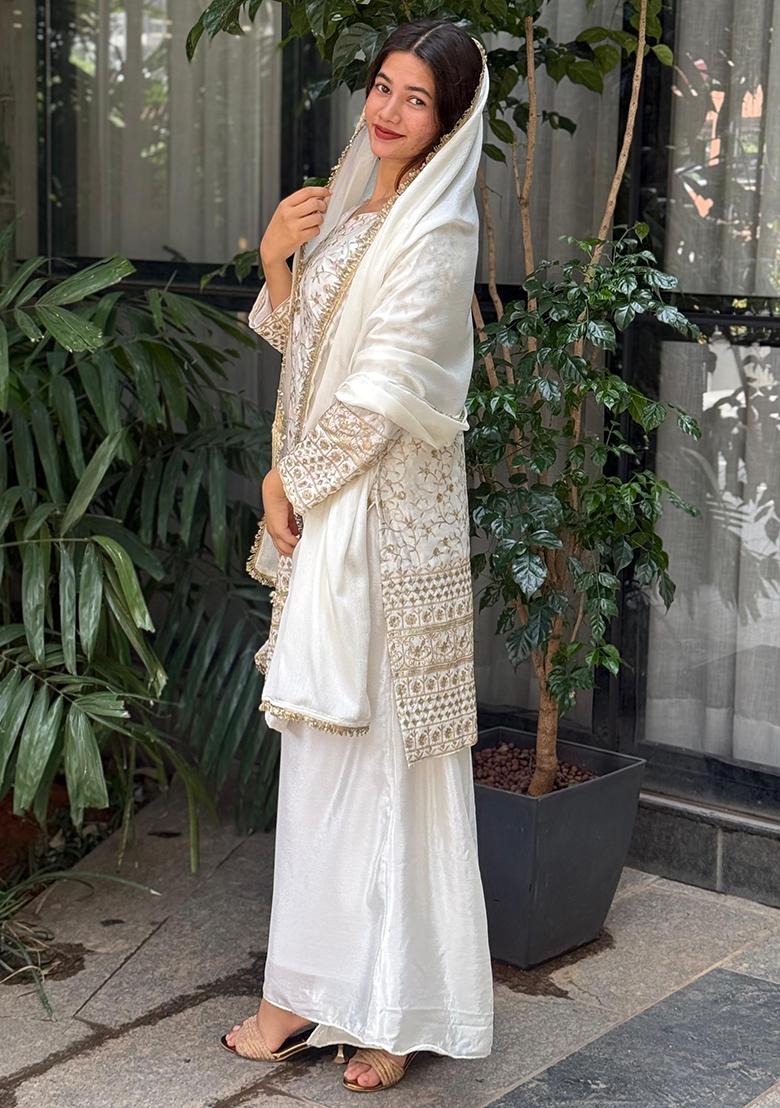 Multicolour Embroidery Sequence Chinon Silk Palazzo Set - Indya