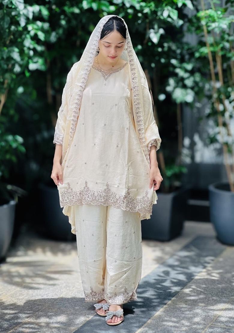 Multicolour Embroidery Sequence Chinon Silk Palazzo Set - Indya