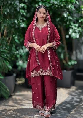 Multicolour Embroidery Sequence Chinon Silk Palazzo Set