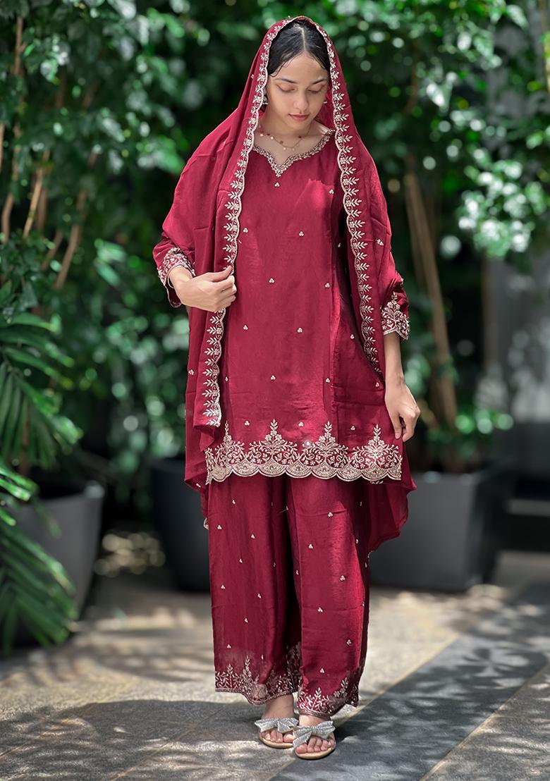 Multicolour Embroidery Sequence Chinon Silk Palazzo Set - Indya