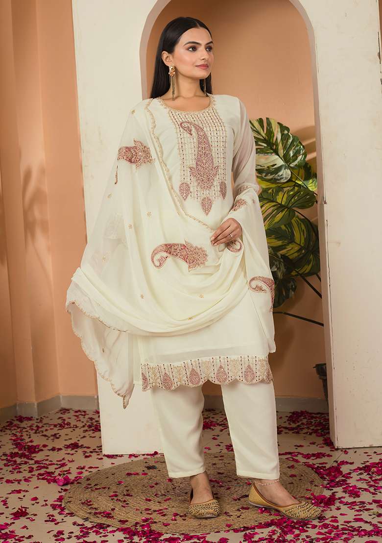 Multicolour Embroidery Sequence Faux Georgette Kurta Set - Indya