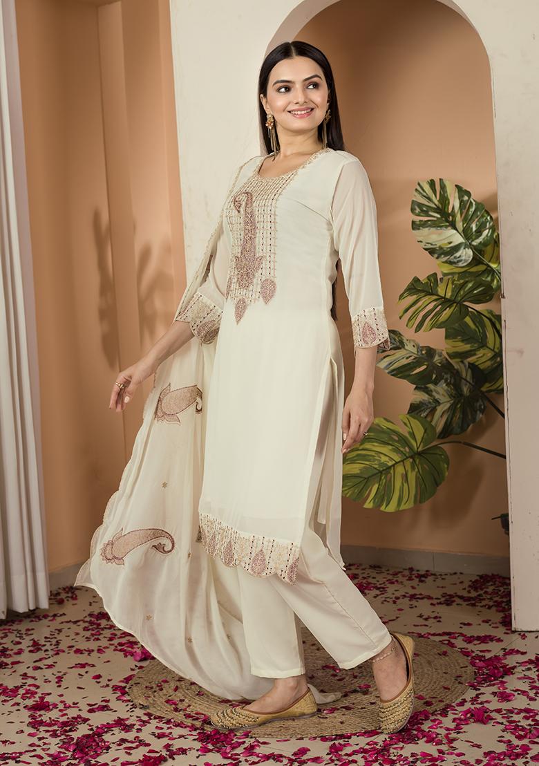 Multicolour Embroidery Sequence Faux Georgette Kurta Set - Indya