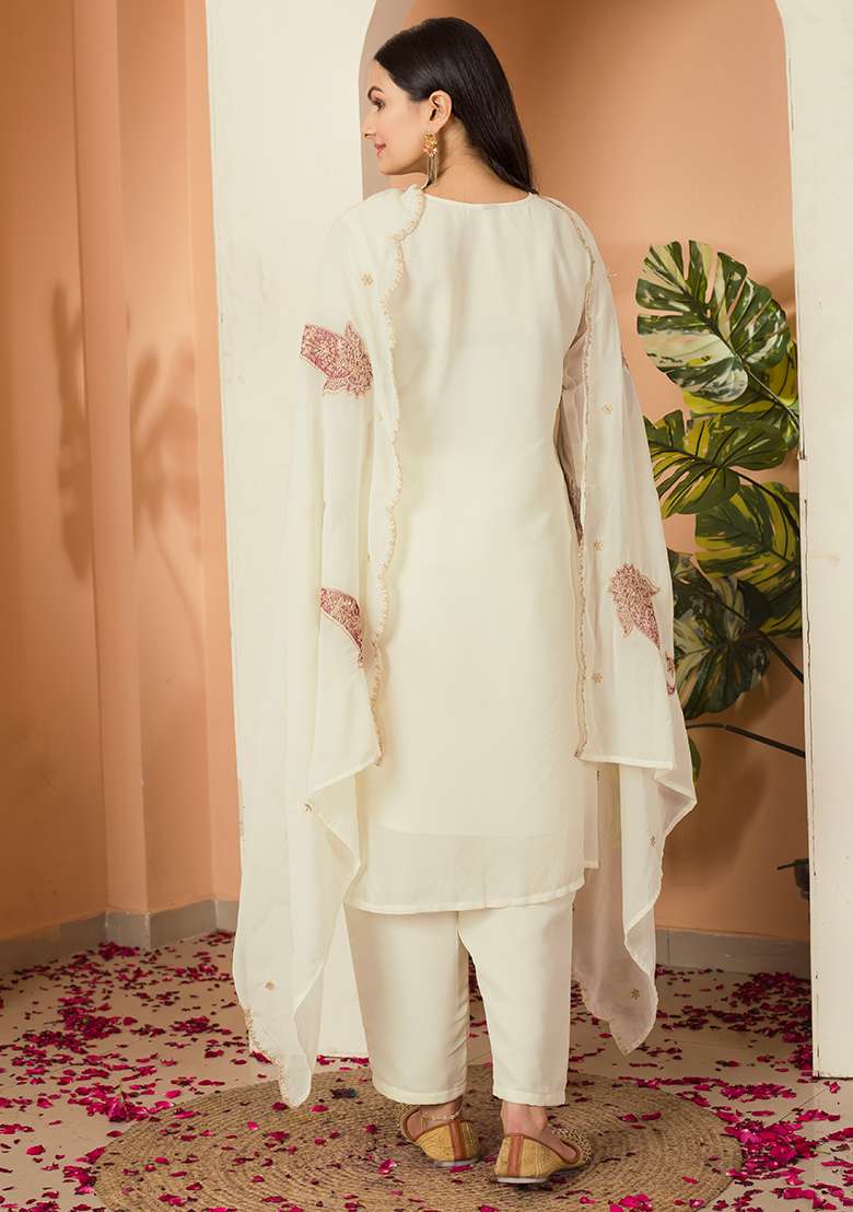 Multicolour Embroidery Sequence Faux Georgette Kurta Set - Indya