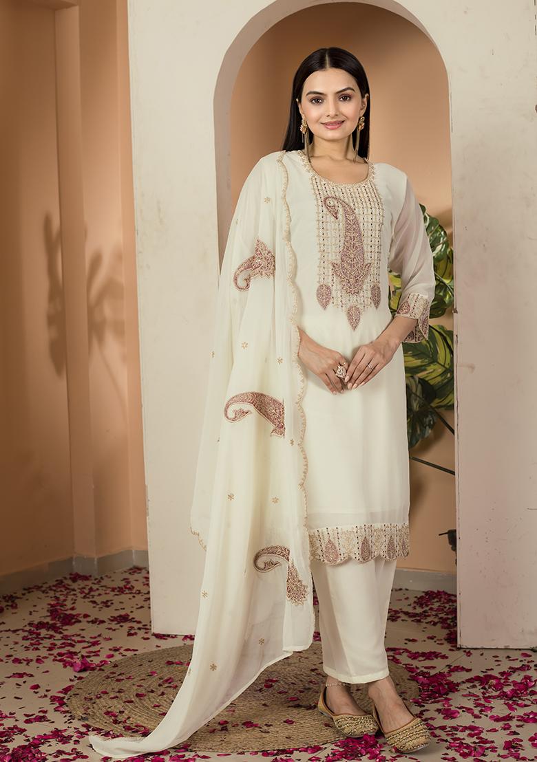 Multicolour Embroidery Sequence Faux Georgette Kurta Set - Indya