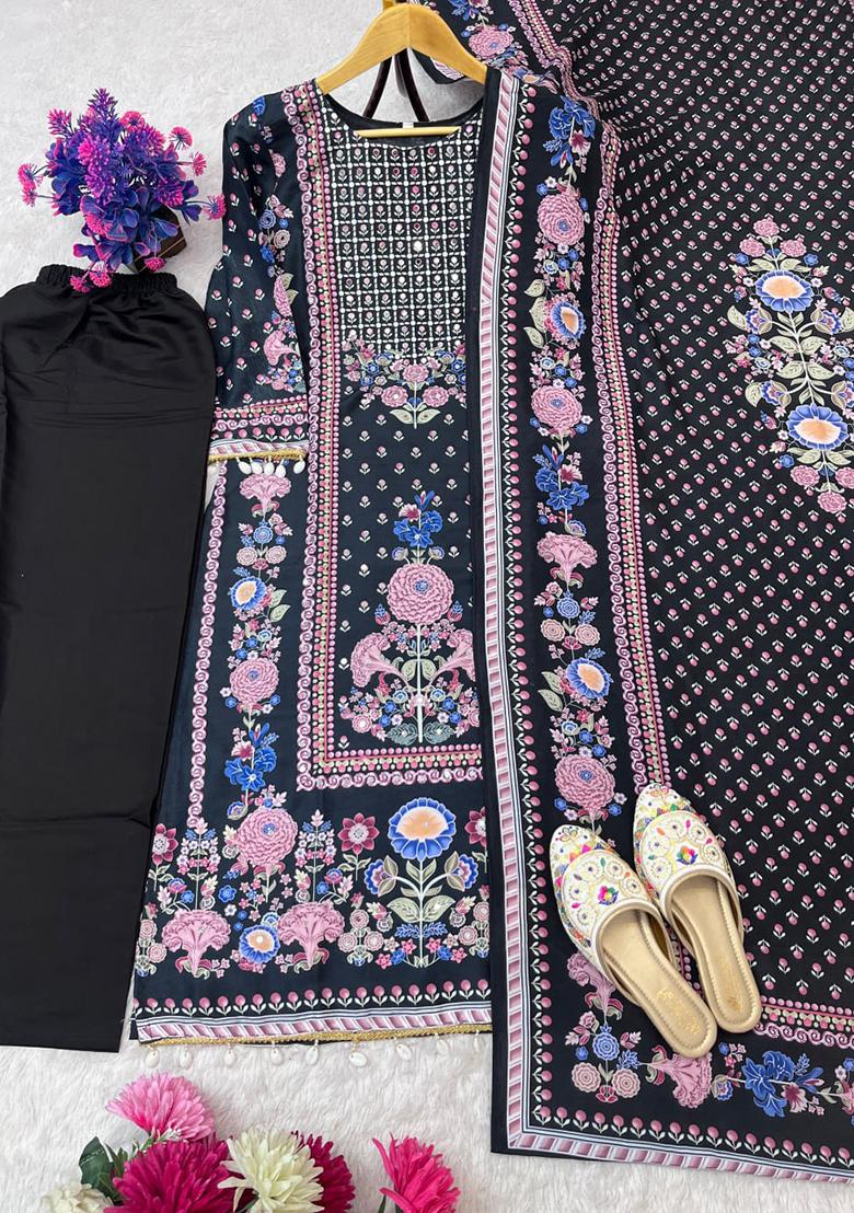 Multicolour Embroidery Sequence Maslin Kurta Set - Indya