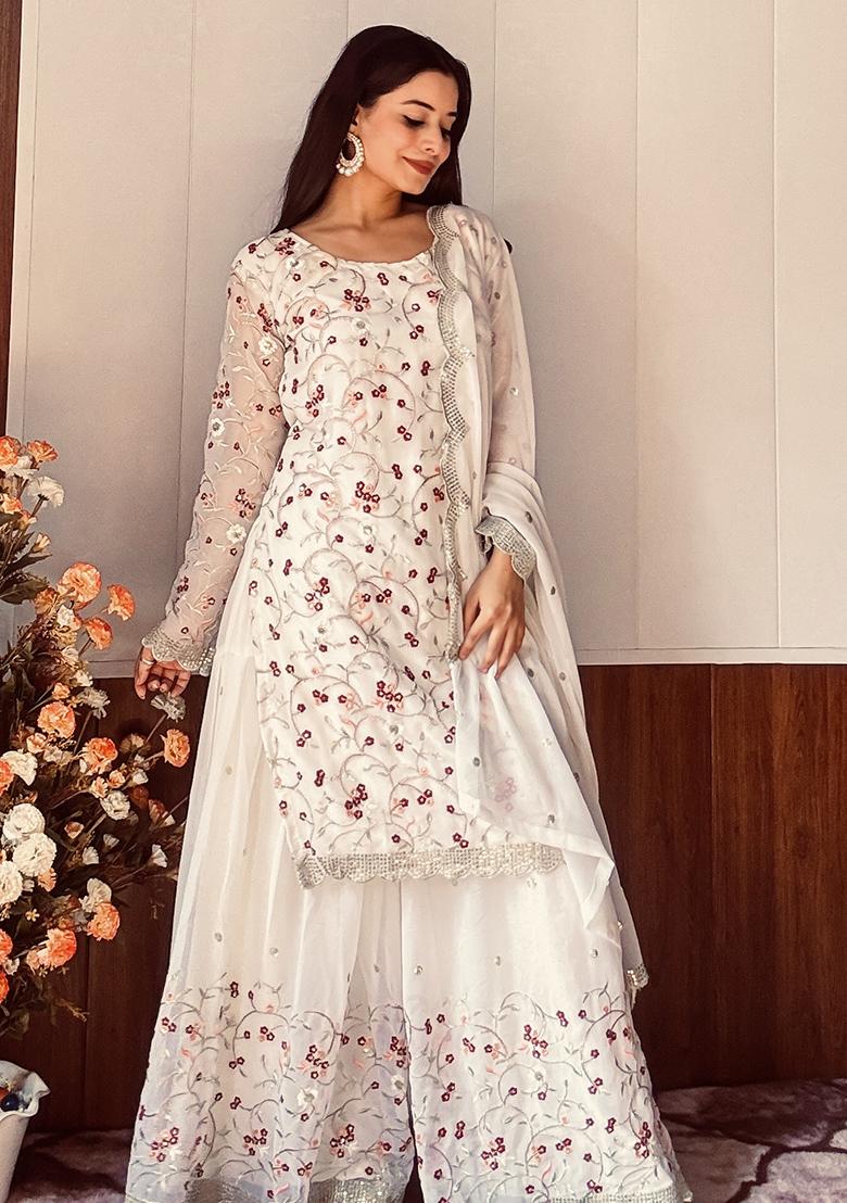 Multicolour Embroidery Sequence Faux Georgette Sharara Set - Indya