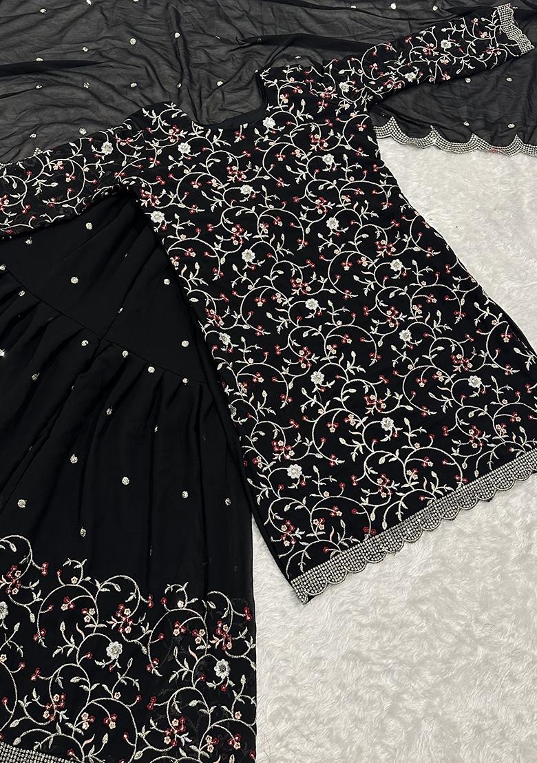 Multicolour Embroidery Sequence Faux Georgette Sharara Set - Indya